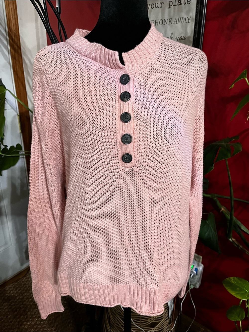 American Eagle Outfitters Pink Button-Front Crewneck Sweater